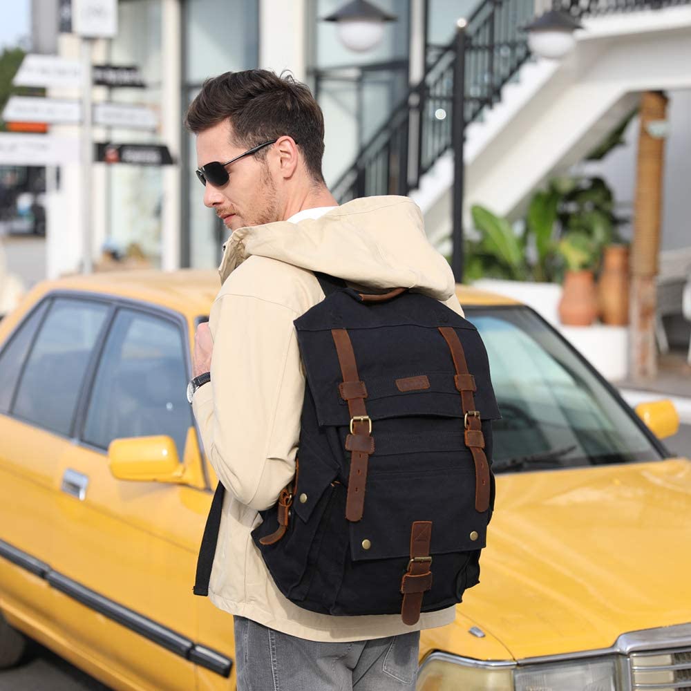 Kattee Mens Leather Canvas Backpack for School, Student's Backpack