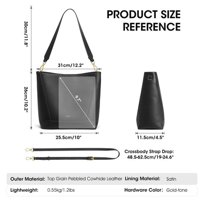 Kattee Leather Purses and Handbags, Bucket Bags for Women, Top Grain Leather Tote Shoulder Crossbody with 2 Straps