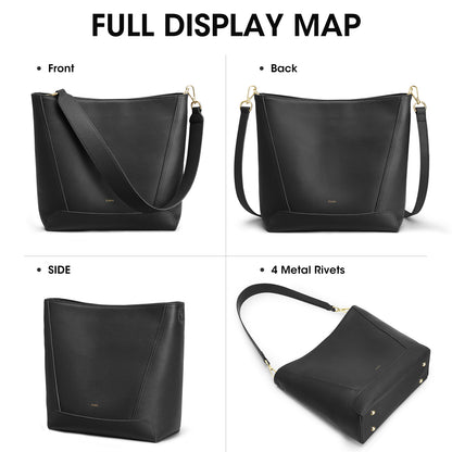 Kattee Leather Purses and Handbags, Bucket Bags for Women, Top Grain Leather Tote Shoulder Crossbody with 2 Straps