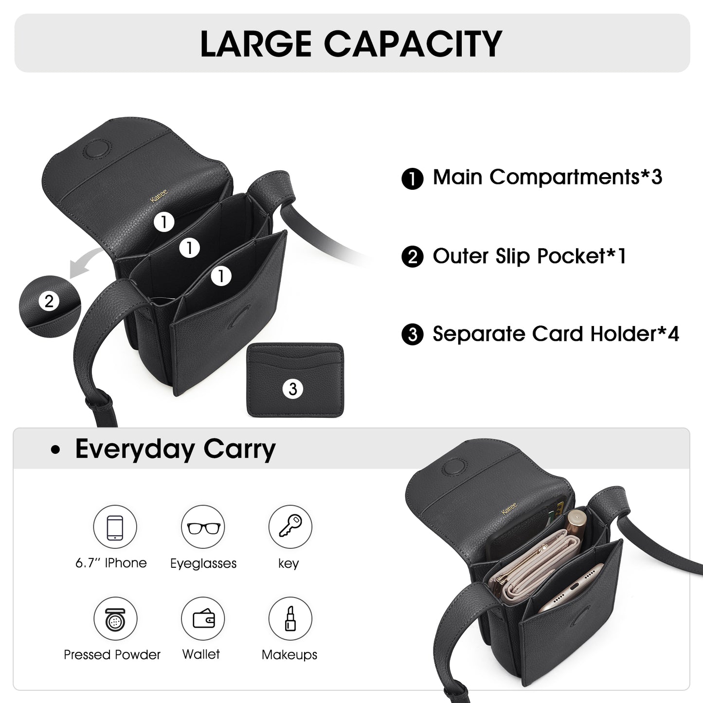 Kattee Leather Crossbody Bags for Women Trendy, Small Phone Purses Wallet Shoulder Handbags Travel with Card Slots