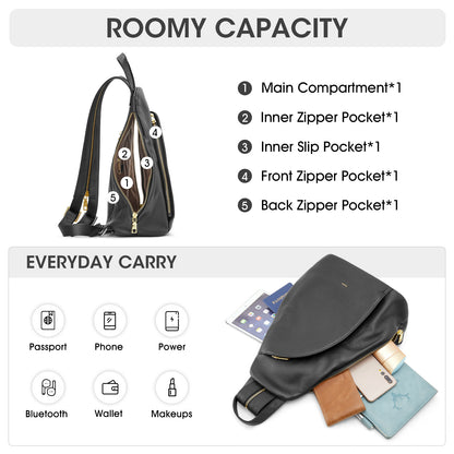 Kattee Sling Bag for Women Crossbody Fanny Packs Chest Bag Top Grain Leather Daypack Backpack RFID Blocking Travel | Top Grain Leather, RFID Blocking, Travel