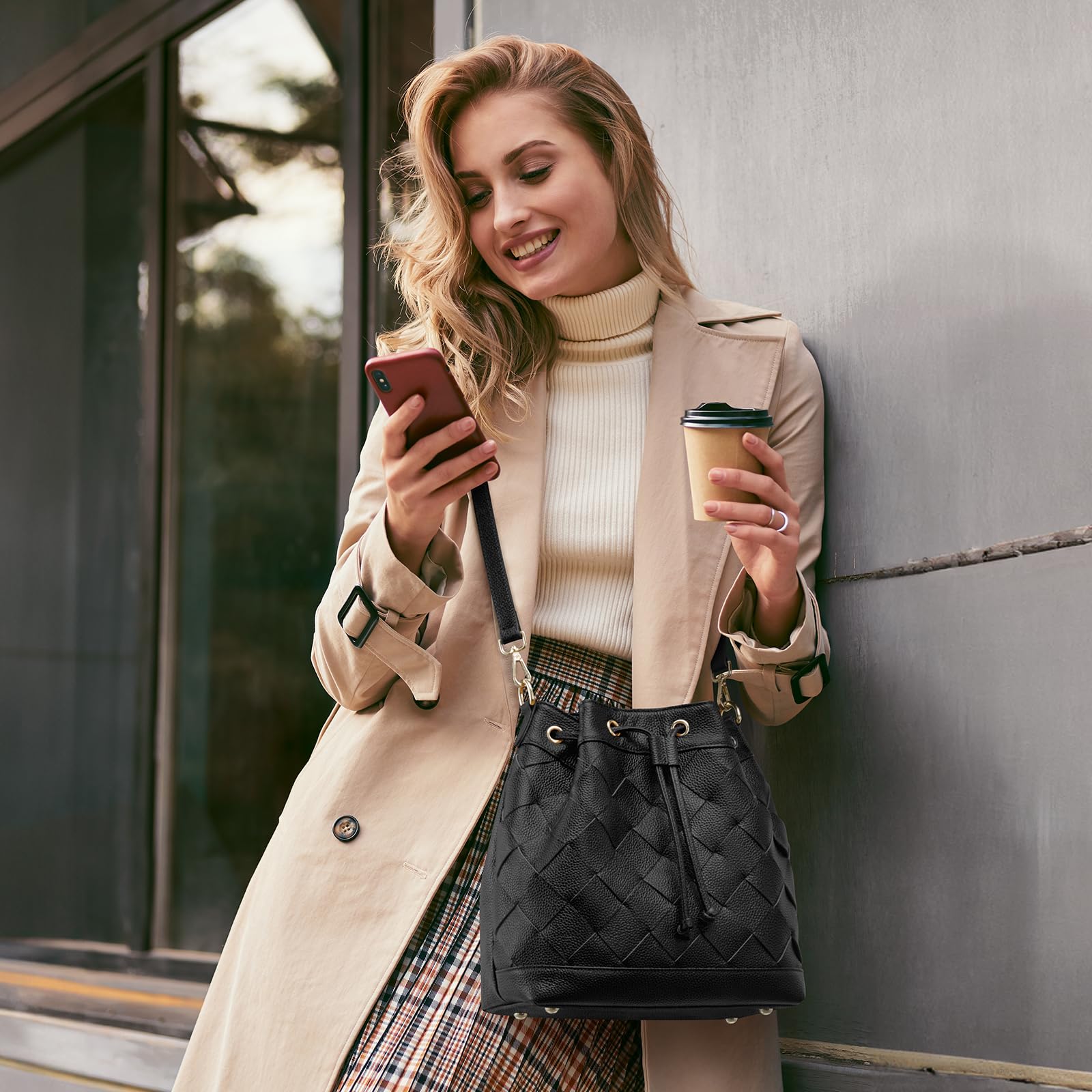 Women Leather Woven Bucket Bag – Kattee