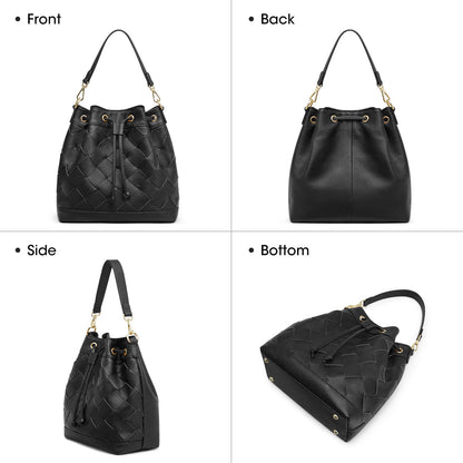 Women Leather Woven Bucket Bag